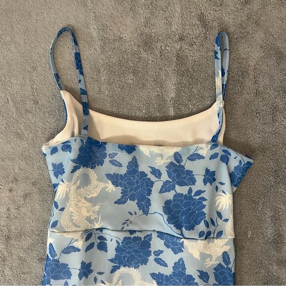 Missguided Blue Japanese Dragon Floral Ruching Bodycon Pullover MiniDress Size 2 - Picture 13 of 14